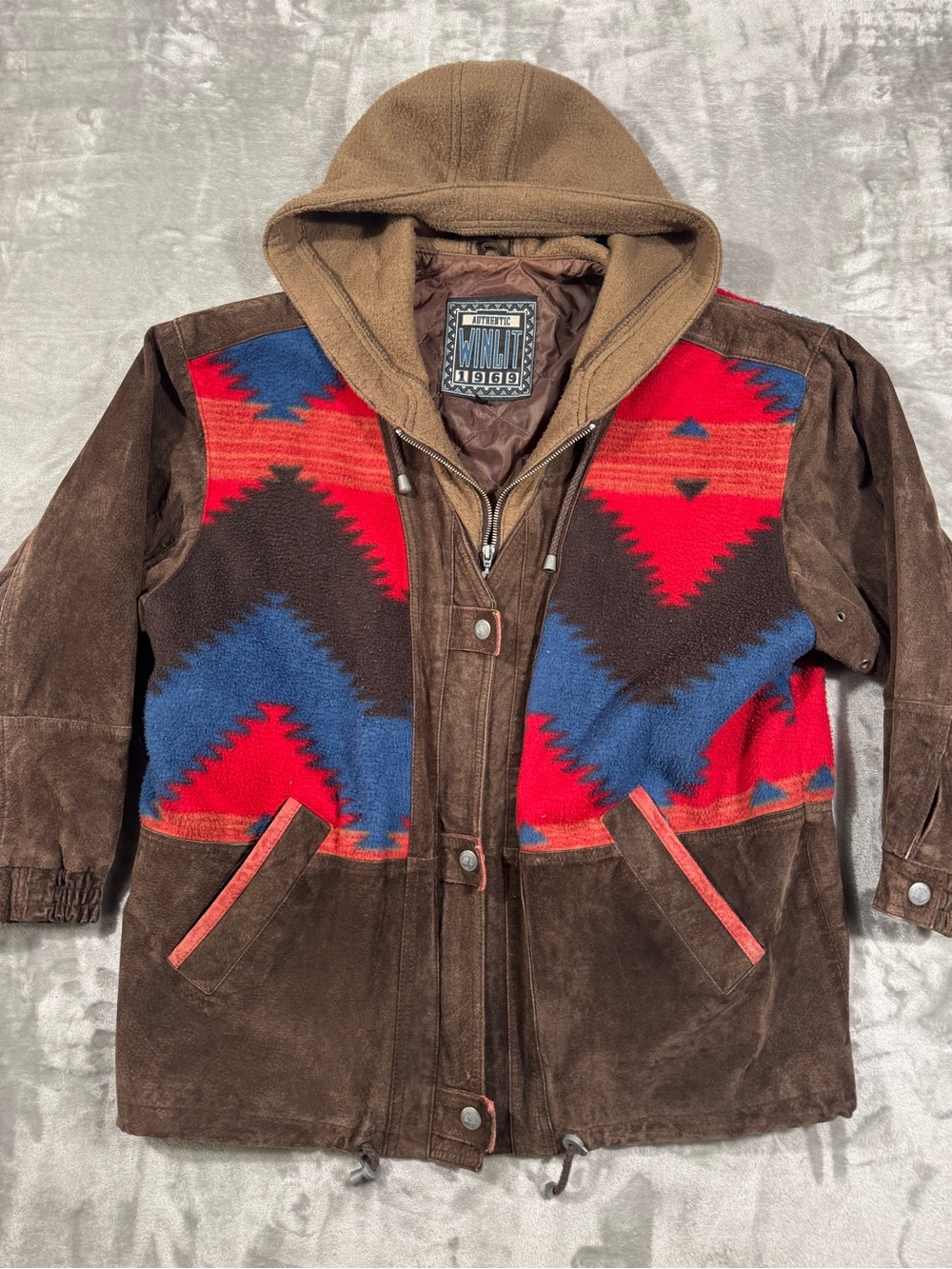Vintage Authentic Winlit 1969 Aztec Suede Hooded Jacket Coat Size M